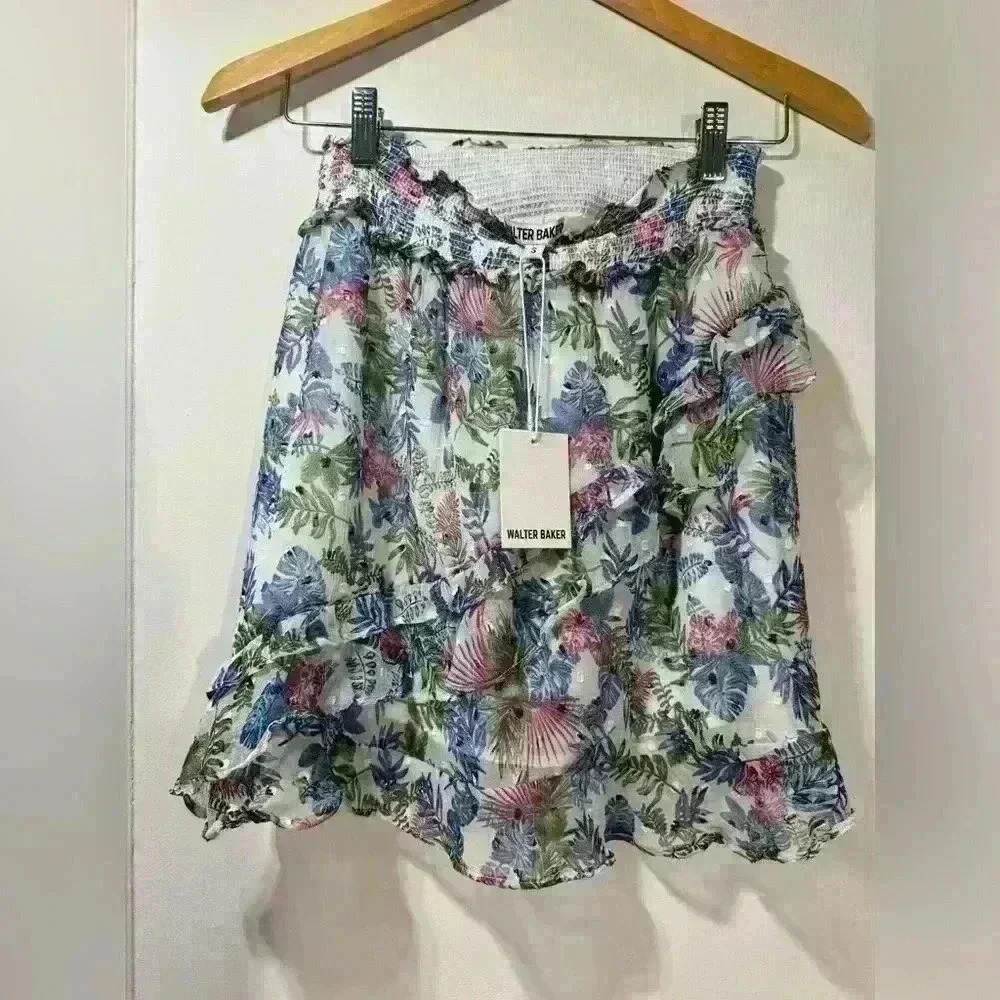 NWT Walter Baker Ruffle-trimmed print gauze mini skirt
